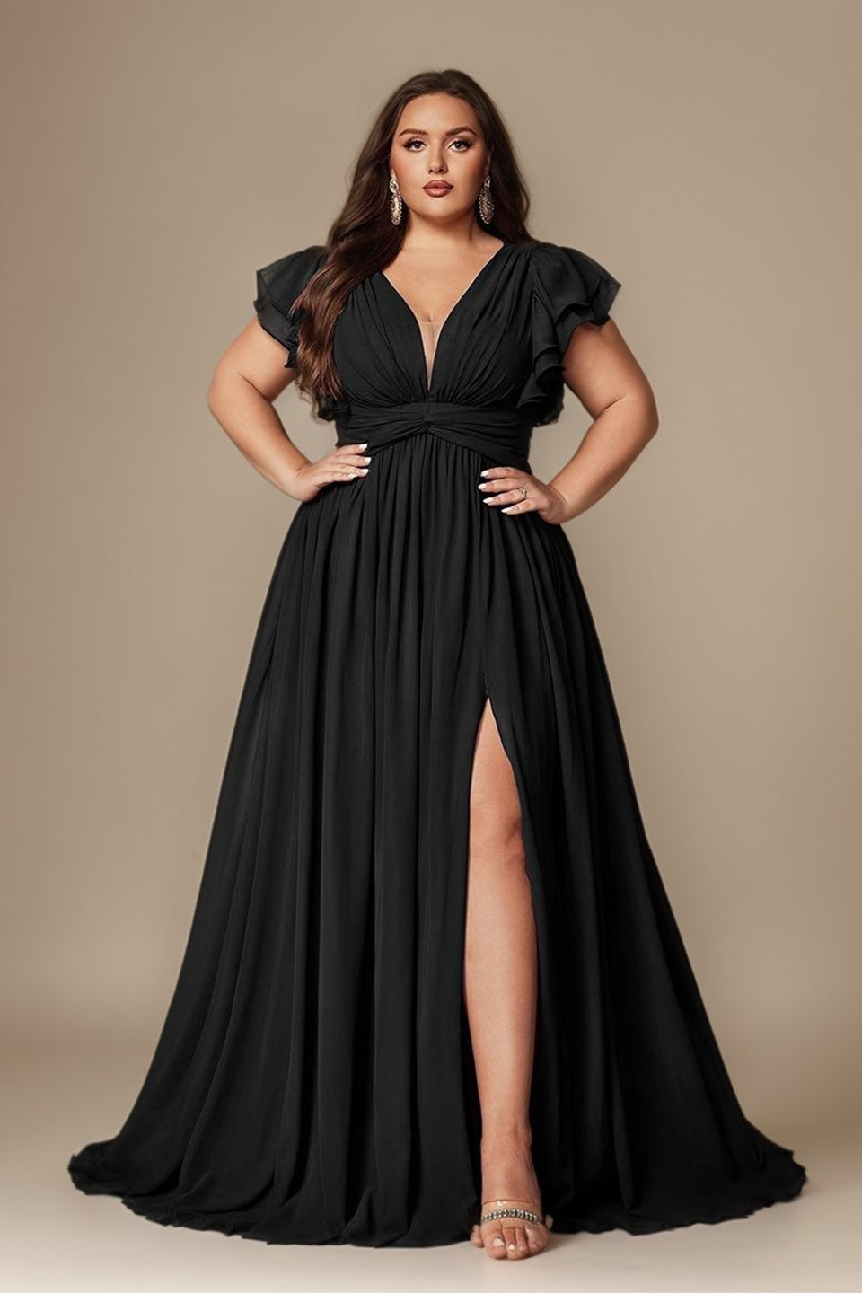 Curveins Plus Size V-Neck Ruffle Sleeve Split A-Line Maxi Dress