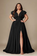 Curveins Plus Size V-Neck Ruffle Sleeve Split A-Line Maxi Dress