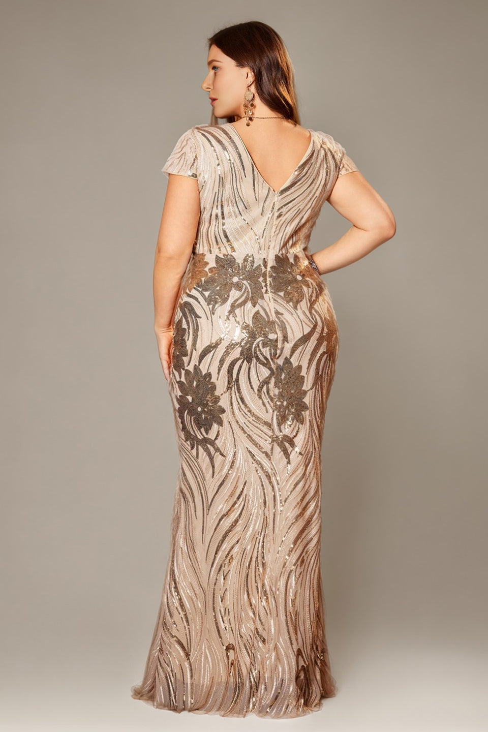 Curveins Plus Size V Neck Short Sleeve Floral Sequin Bodycon Maxi Dress