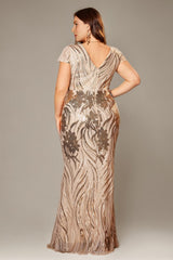 Curveins Plus Size V Neck Short Sleeve Floral Sequin Bodycon Maxi Dress