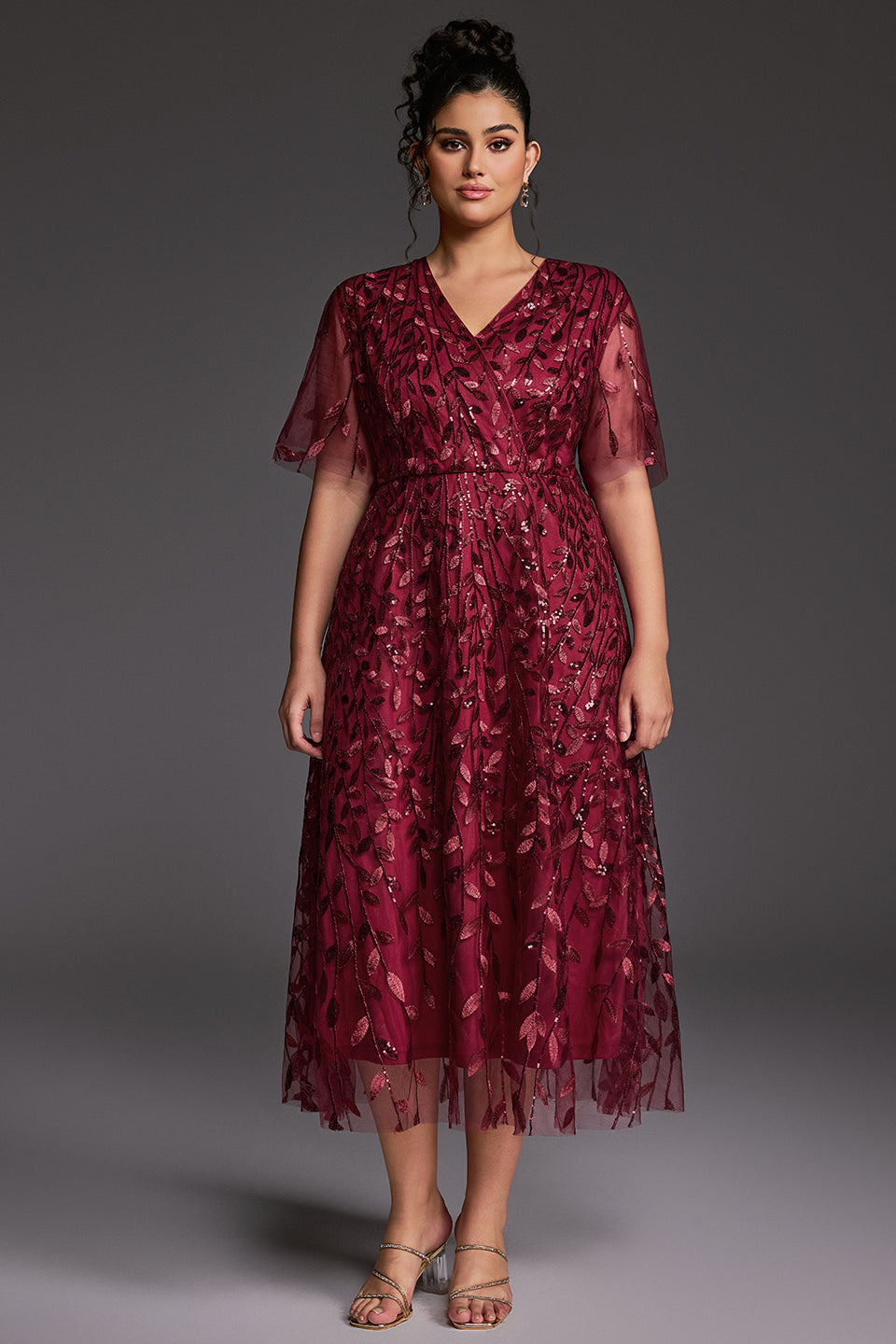 Curveins Plus Size V-Neck Ruffle Sleeve Embroidered Maxi Dress