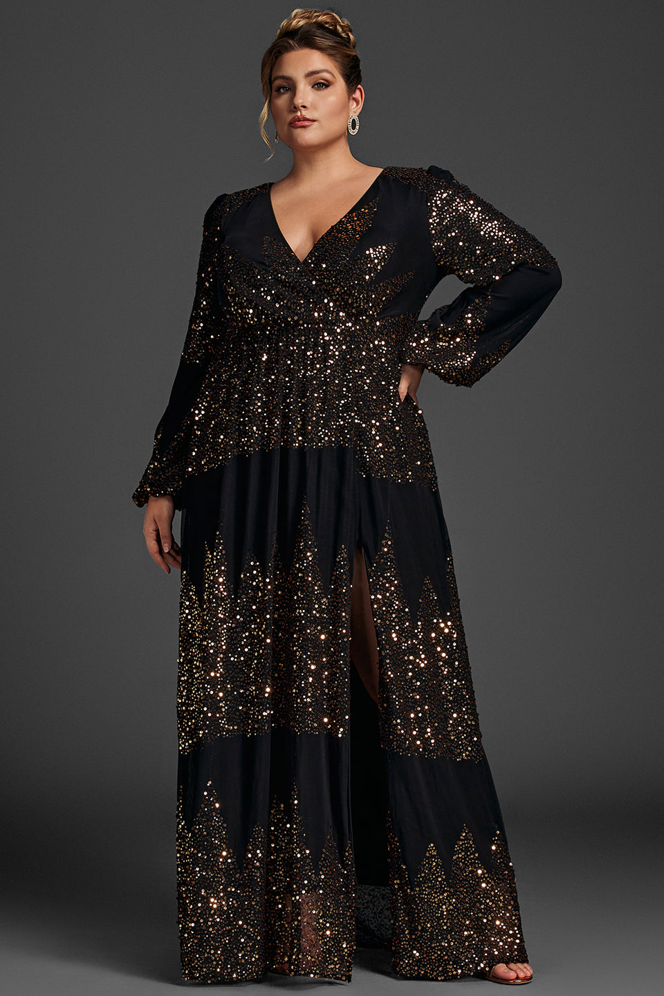 Curveins Plus Size V-Neck Sequin Split Hem Maxi Dress