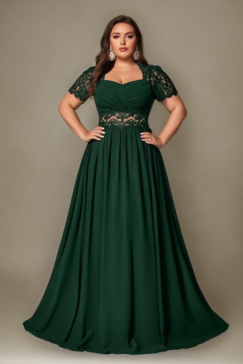 Curveins Plus Size Strapless Embroidered Short Sleeve Waist Cinch A-Line Maxi Dress