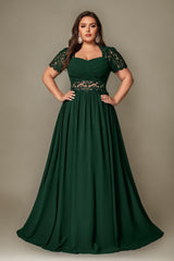 Curveins Plus Size Strapless Embroidered Short Sleeve Waist Cinch A-Line Maxi Dress