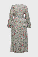 Curveins Plus Size V Neck Long Sleeve Floral Print Velvet Waist Tie Maxi Dress