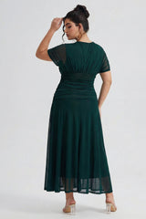 Curveins Plus Size V Neck Batwing Sleeve Cinched Waist Maxi Dress