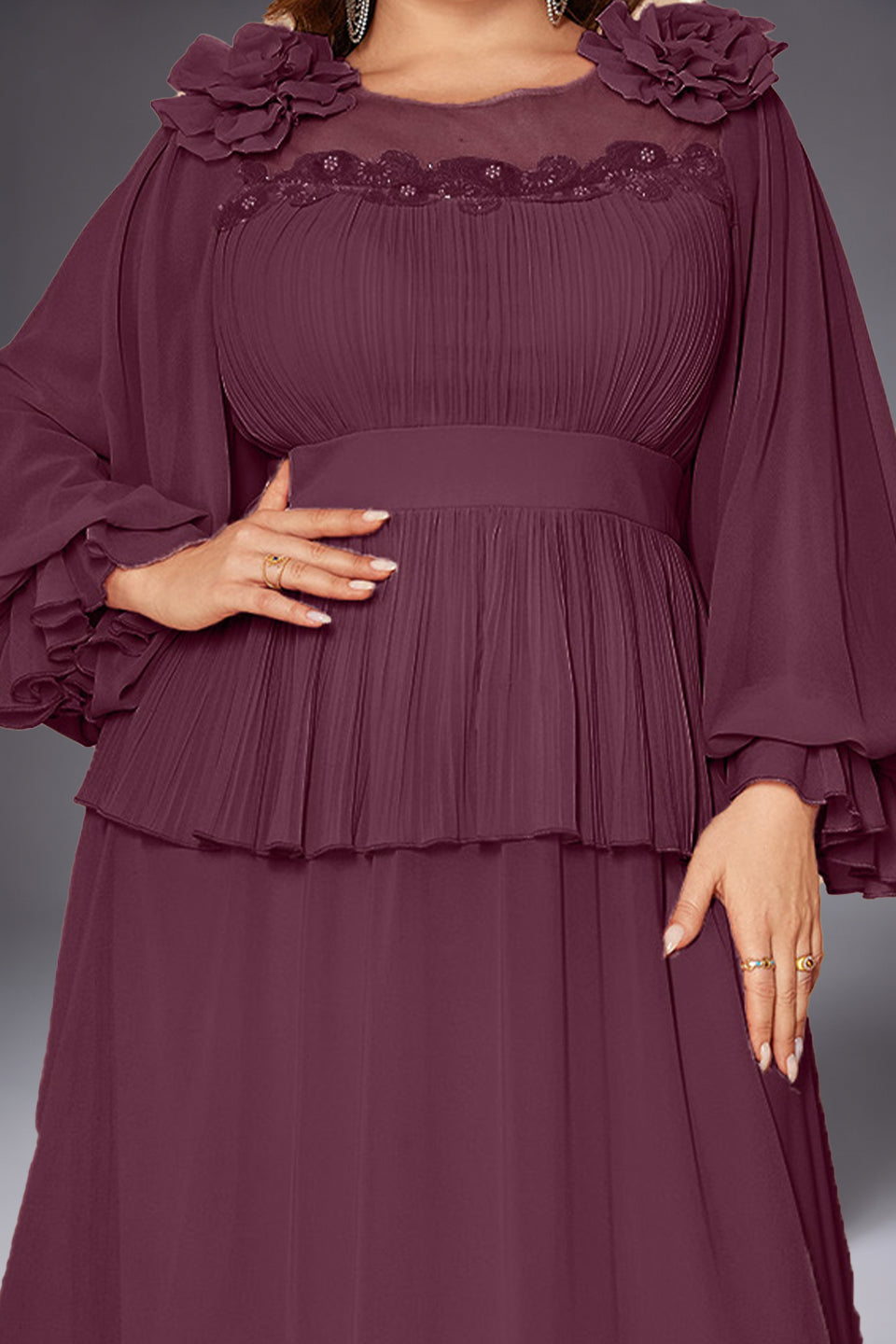 Curveins Plus Size Crew Neck Puff Sleeve Faux Two Piece Panelled Maxi Dress