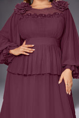 Curveins Plus Size Crew Neck Puff Sleeve Faux Two Piece Panelled Maxi Dress