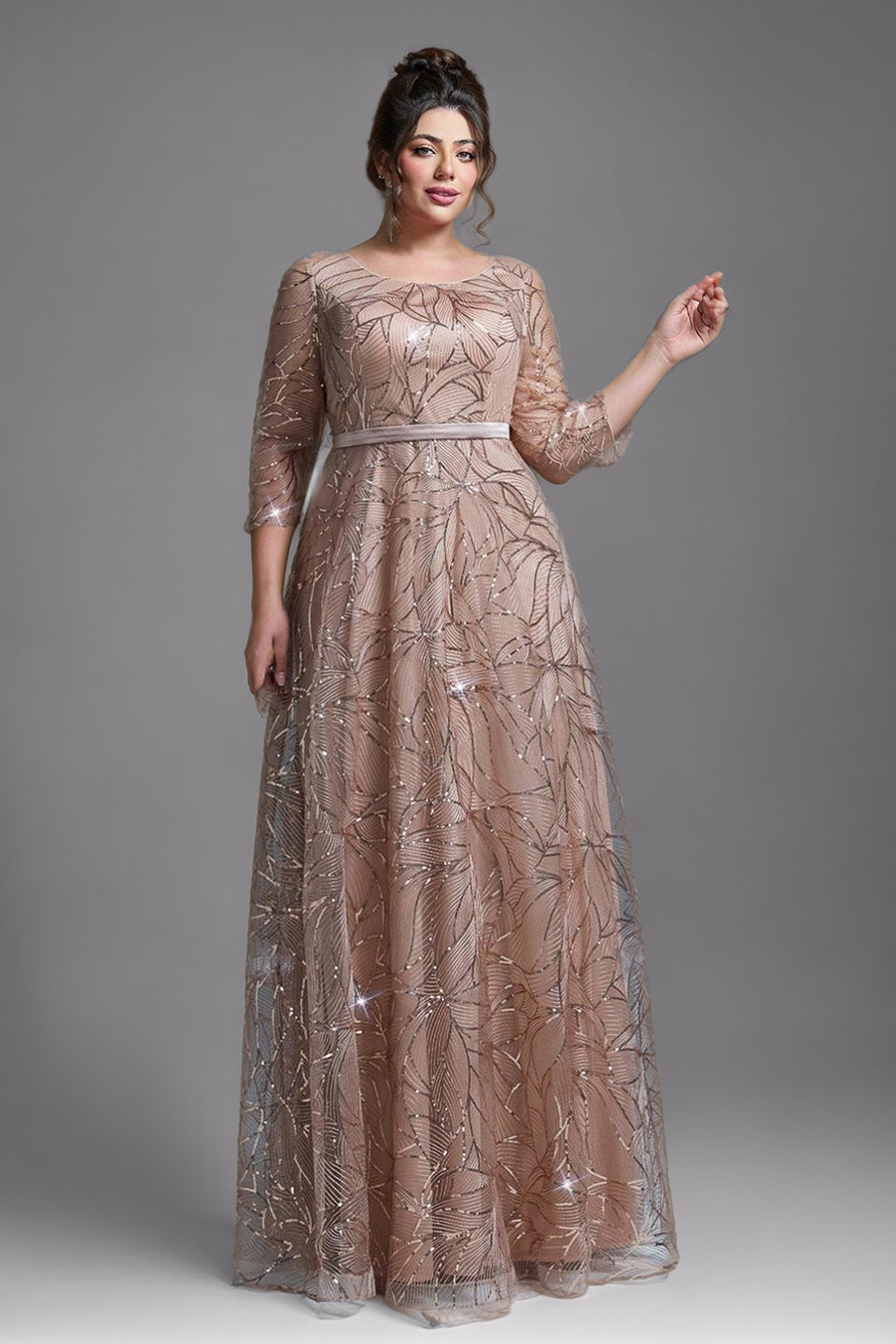 Curveins Plus Size Elegant Round Neck Sequin Floral Waist-Fit Maxi Dress