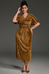 Curveins Plus Size Striped V-Neck Belted Waist Velvet Maxi Dress
