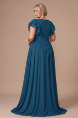 Curveins Plus Size V-Neck Ruffle Sleeve Split A-Line Maxi Dress
