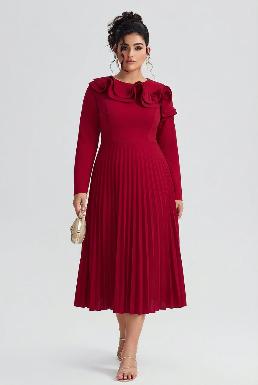 Curveins Plus Size Round-Neck Ruffled Long-Sleeve Elegant Pleated Maxi Dress
