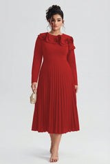 Curveins Plus Size Round-Neck Ruffled Long-Sleeve Elegant Pleated Maxi Dress