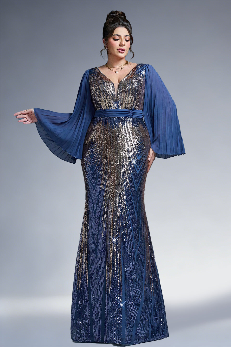 Curveins Plus Size Sparkling V-Neck Batwing Long-Sleeve Curve-Fit Maxi Dress