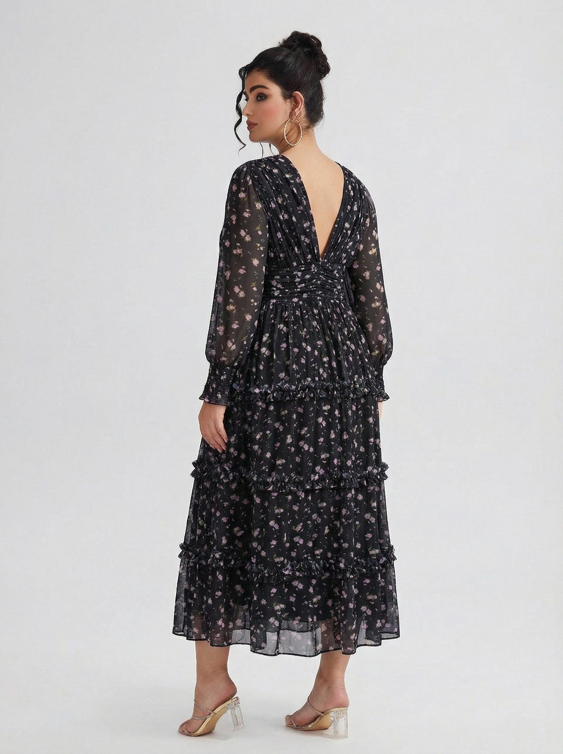 Curveins Plus Size V Neck Long Sleeve Floral Tiered Maxi Dress