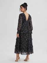 Curveins Plus Size V Neck Long Sleeve Floral Tiered Maxi Dress