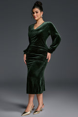 Curveins Plus Size V-Neck Long Sleeves Side Slit Bodycon Maxi Dress