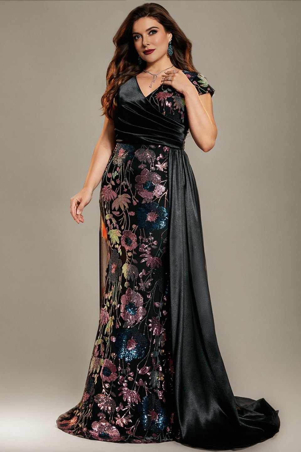 Curveins Plus Size Sparkling Sequin V-Neck Curve-Hugging Maxi Dress