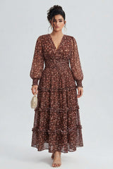 Curveins Plus Size V Neck Long Sleeve Floral Tiered Maxi Dress