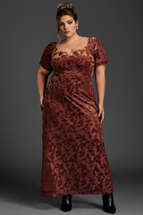 Curveins Plus Size Velvet Ruffle Sleeve Maxi Dress