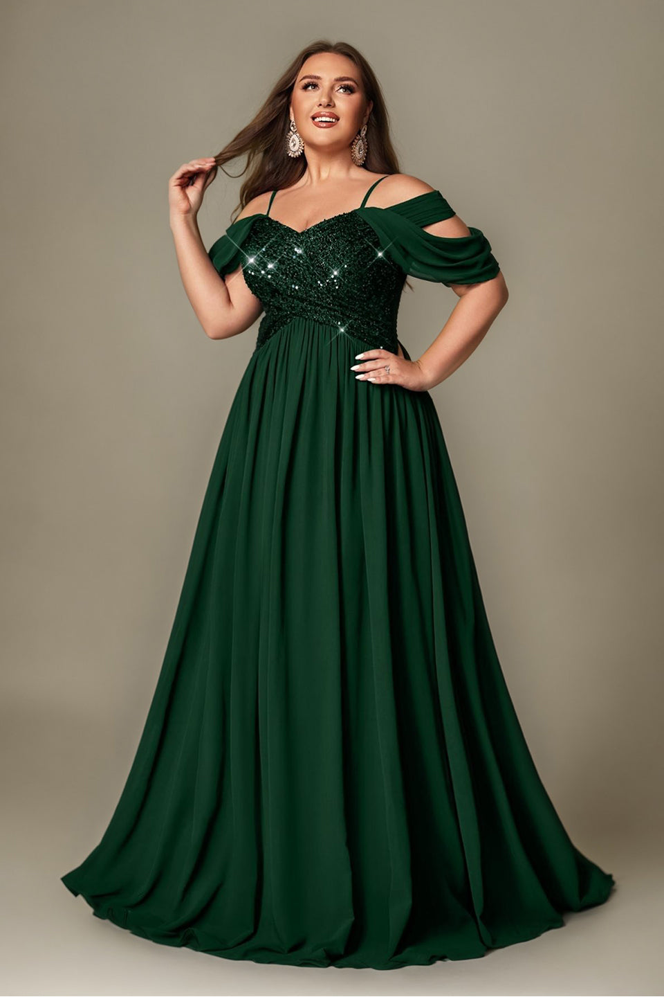 green off the shoulder dress plus size La Femme 32204