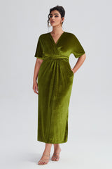 Curveins Plus Size Elegant Velvet V-Neck Shirred Maxi Dress