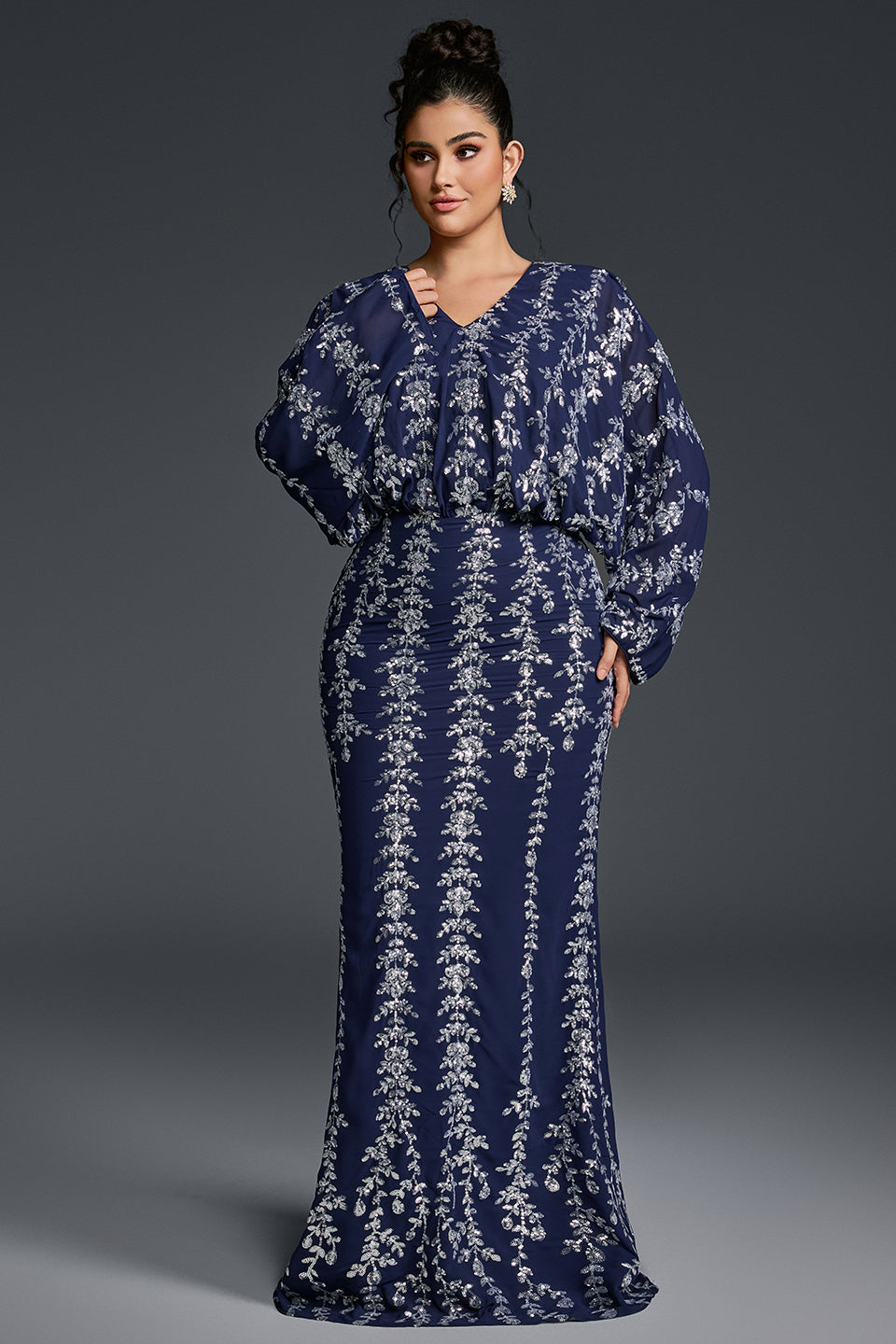 Curveins Plus Size V-Neck Vertical Sequin Bodycon Maxi Dress Elegant Evening Wear