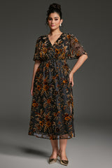 Curveins Plus Size V-Neck Sheer Batwing Sleeve Floral Velvet Maxi Dress