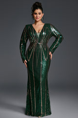 Curveins Plus Size V-Neck Long Sleeve Spider Web Sequin Bodycon Maxi Dress