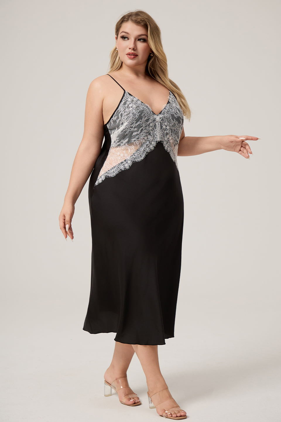Curveins Plus Size Elegant Satin Lace Trim Slip Dress Sleepwear Long Gown