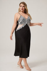 Curveins Plus Size Elegant Satin Lace Trim Slip Dress Sleepwear Long Gown