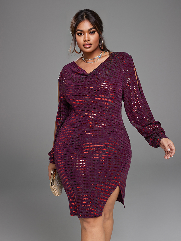 Curveins Plus Size Draped Collar Split Sleeve Sequin Dress