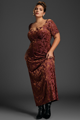 Curveins Plus Size Velvet Ruffle Sleeve Maxi Dress