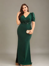 Curveins Plus Size V-Neck Sequin Floral Bodycon Mermaid Maxi Dress
