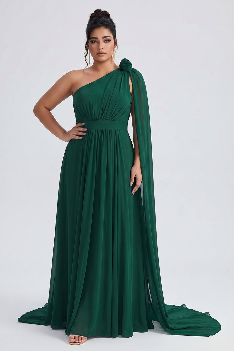 Curveins Plus Size One Shoulder Ruffle Strap Ruched Waist Flowy Elegant Maxi Dress