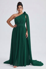 Curveins Plus Size One Shoulder Ruffle Strap Ruched Waist Flowy Elegant Maxi Dress