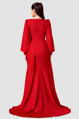 Curveins Plus Size Elegant V-Neck Sequin Floral Lantern Sleeve Slimming Maxi Dress