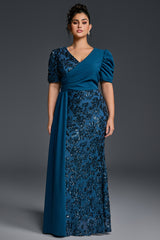 Curveins Plus Size V-Neck Sequin Patchwork Pattern Maxi Dress