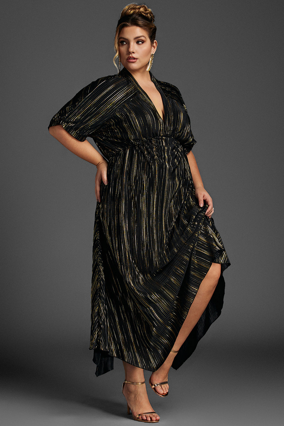 Curveins Plus Size V-Neck Striped Asymmetric Hem Dress