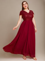 Curveins Plus Size V-Neck Sequin Panel High Waist Chiffon Maxi Dres