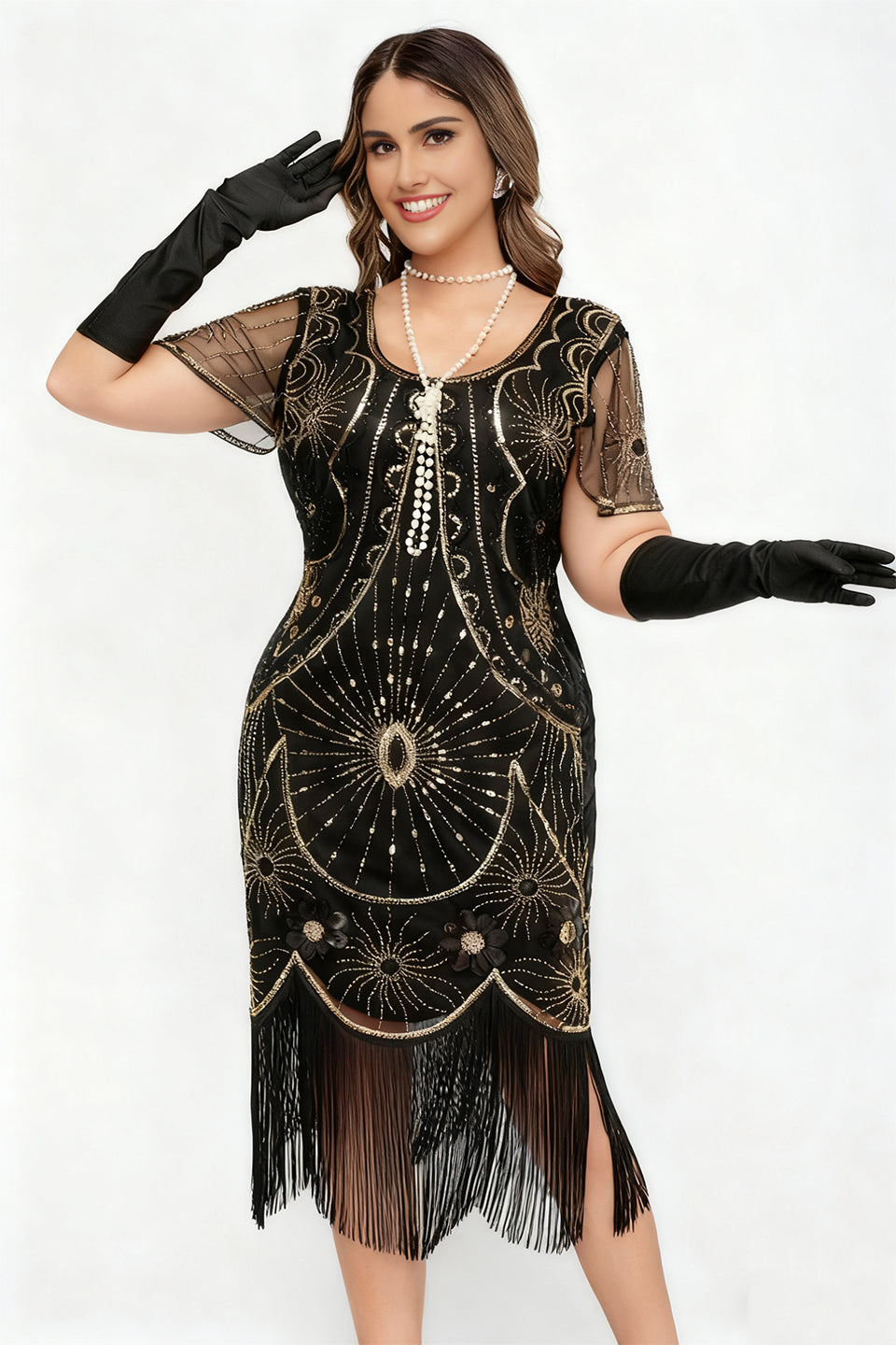 Curveins 1920s Black Daisy Plus Size Vintage Beaded Tassel Flapper Dress