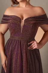 Curveins Plus Size Off-Shoulder Sequin Slit Evening Gown