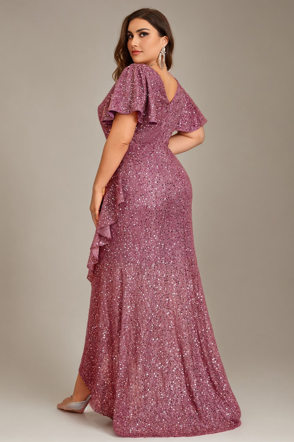 Curveins Plus Size V-Neck Short Sleeve Sequin Ruffle Slit Evening Gown