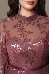 Curveins Plus Size High Neck Lantern Sleeve Embroidered Bodycon Maxi Dress