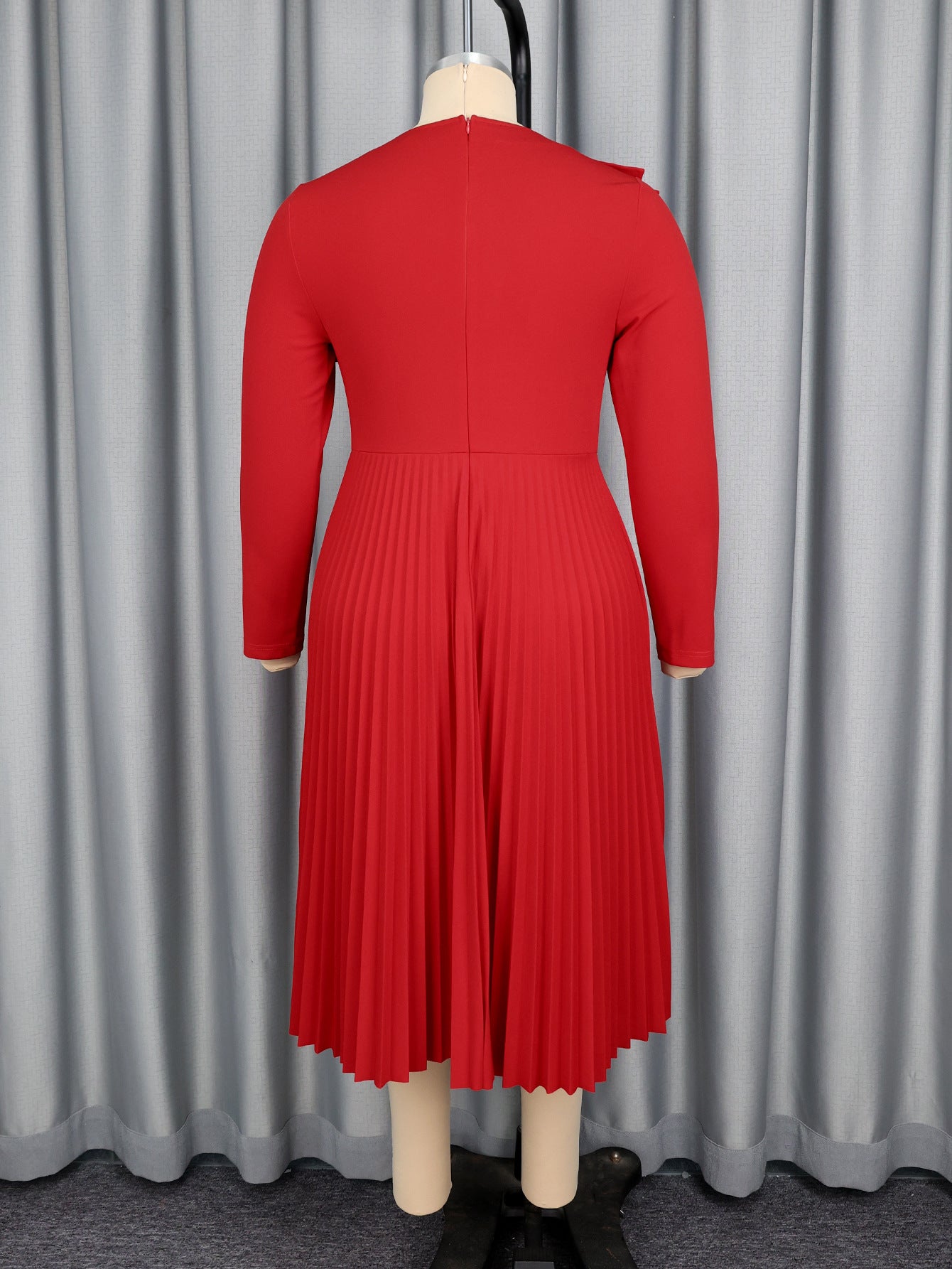 Curveins Plus Size Round-Neck Ruffled Long-Sleeve Elegant Pleated Maxi Dress