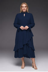 Curveins Plus Size Long Sleeve Ruffle Detail Pleated Asymmetrical Hem Midi Dress