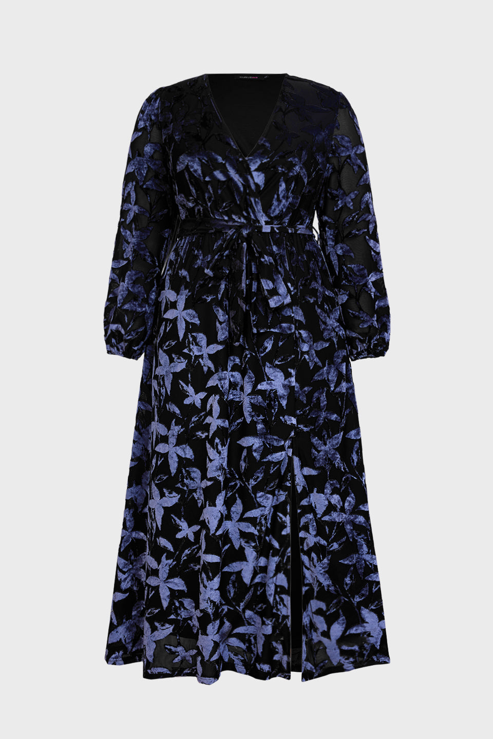 Curveins Plus Size V Neck Long Sleeve Maple Leaf Velvet Waist Tie Maxi Dress