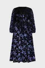 Curveins Plus Size V Neck Long Sleeve Maple Leaf Velvet Waist Tie Maxi Dress
