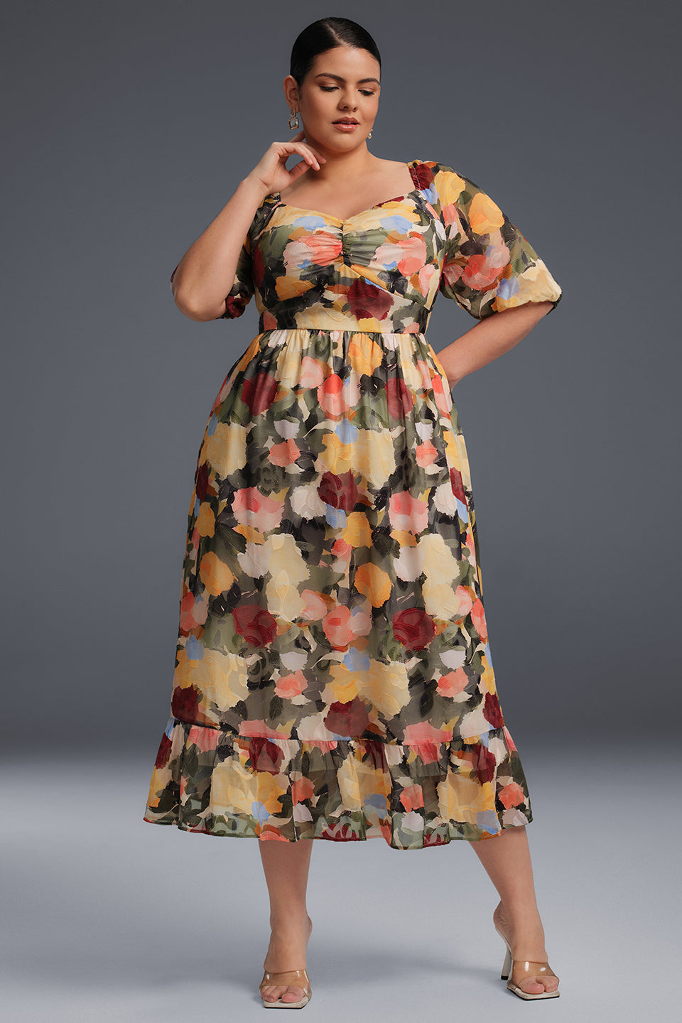 Curveins Plus Size Draped Collar Foral Maxi Dress 28/5X / Multicolor