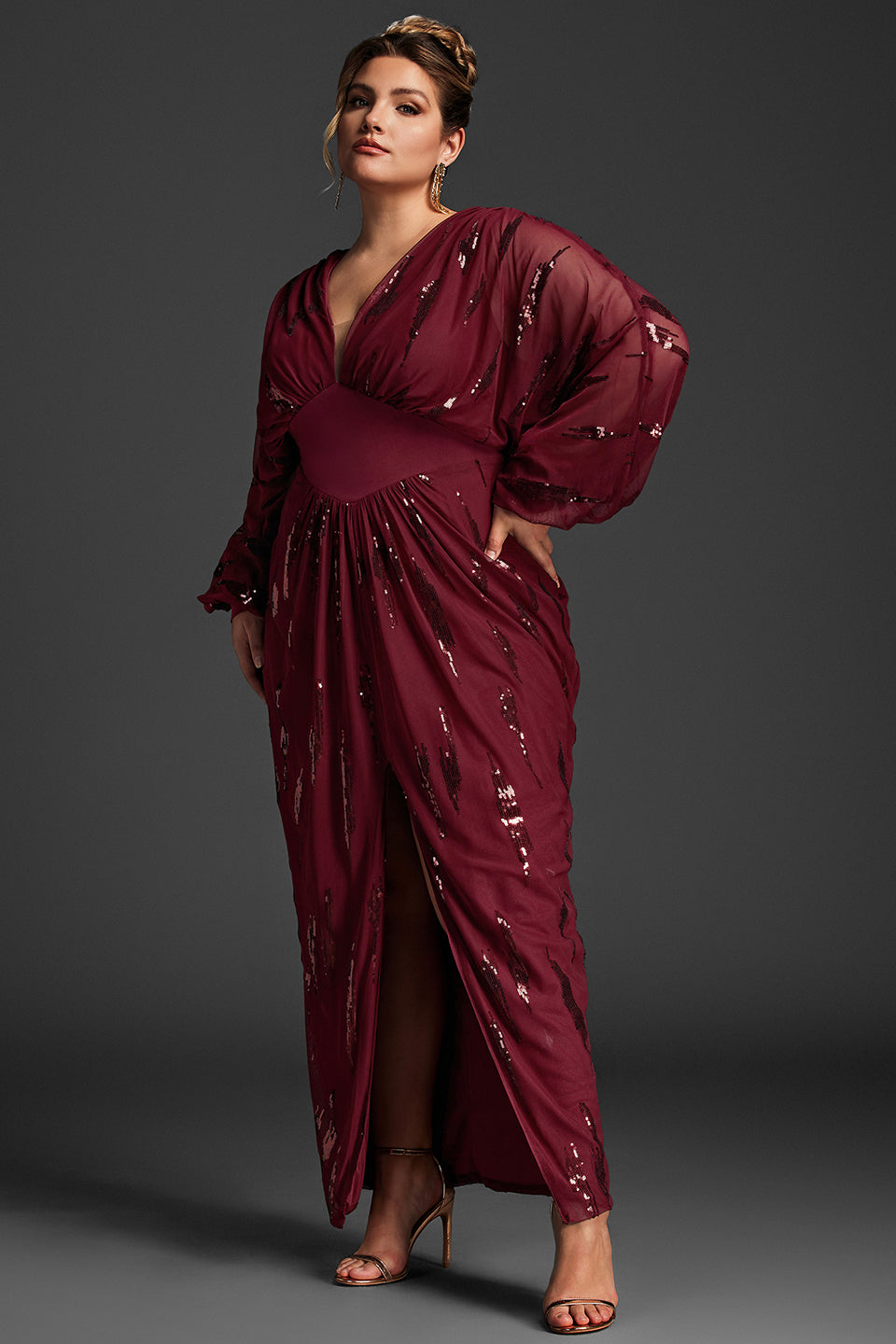 Curveins Plus Size Lantern Sleeve Slit Mesh Dress -Burgundy